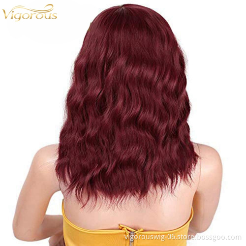 Vigorous wholesale cheap short wave burgundy color glueless synthetic hair wigs cosplay with bangs for black white women  hair